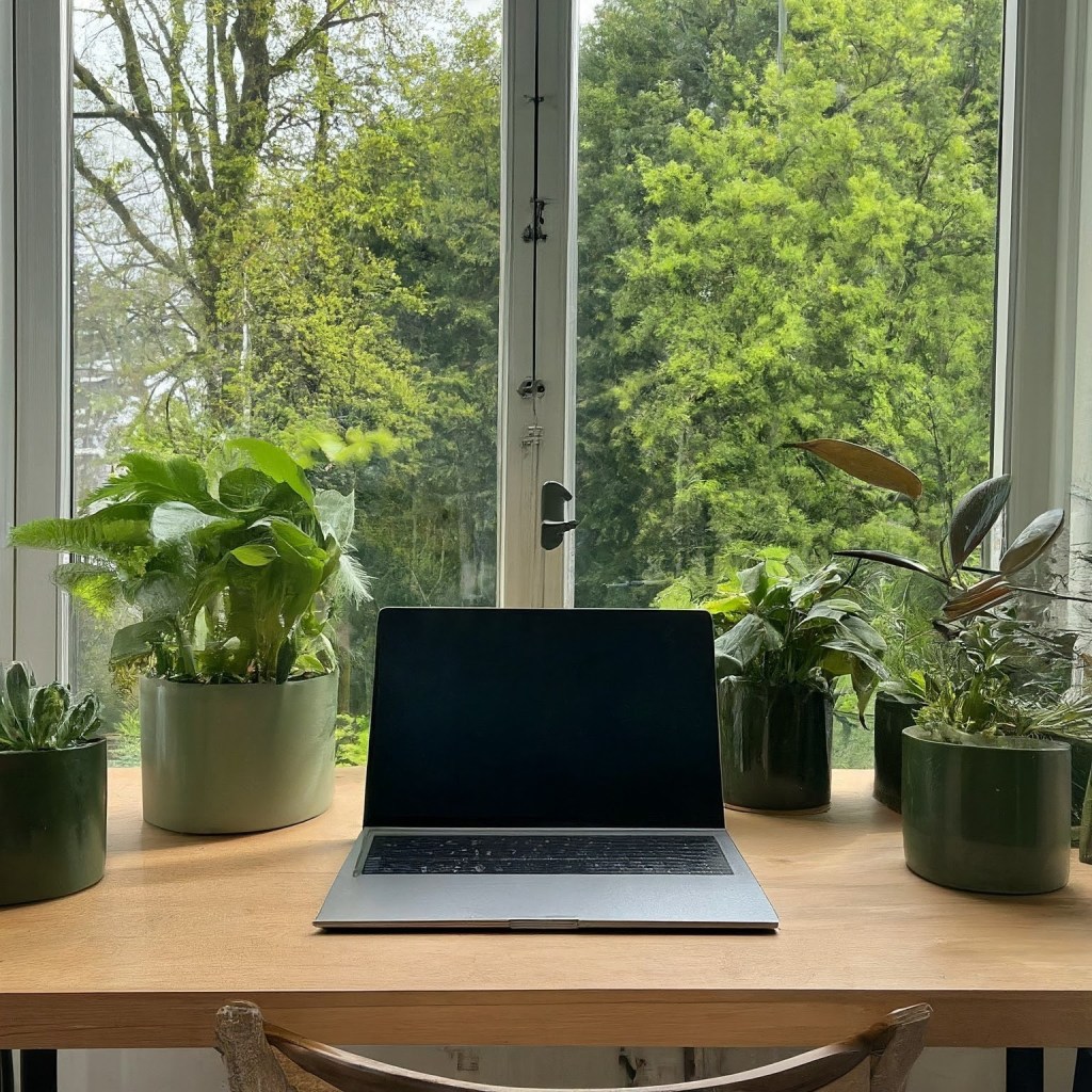 a laptop on a desk showing that Greenleaf Bookkeeping is a local bookkeeping service wherever you are based.  Accurate, Virtual, Sustainable Bookkeeper.